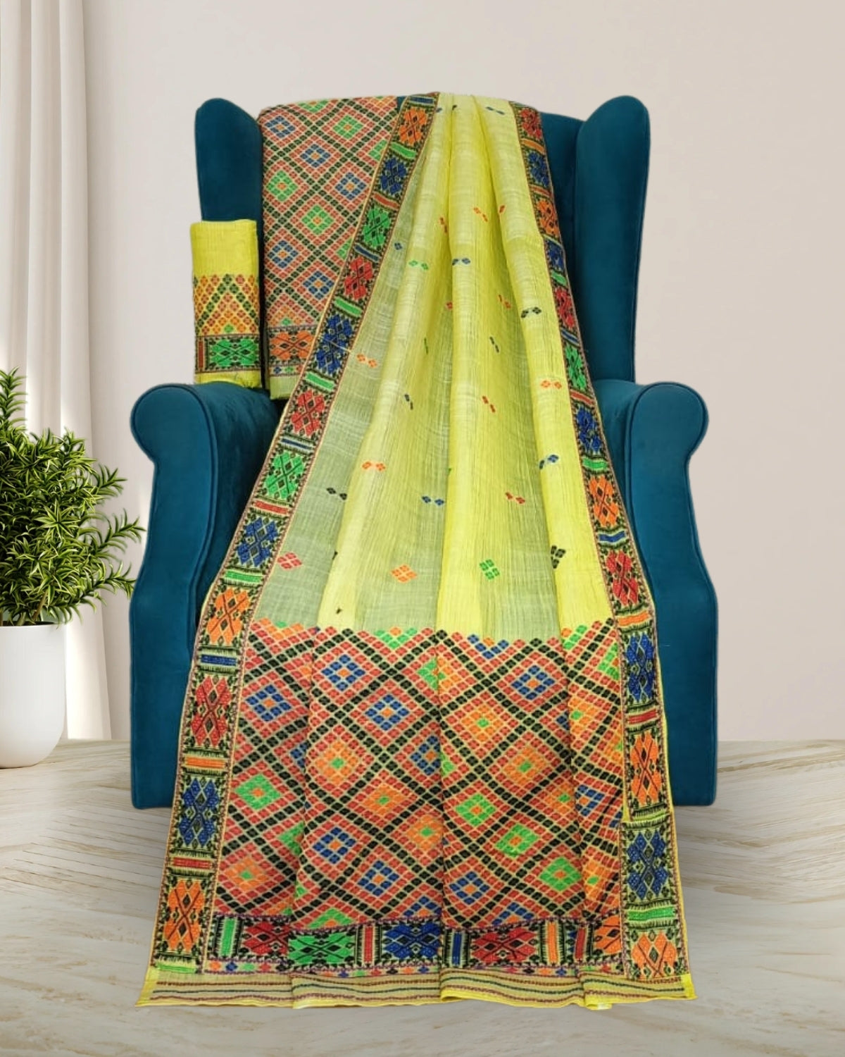 Yellow semi nuni Mising mekhela sador - DMC motifs