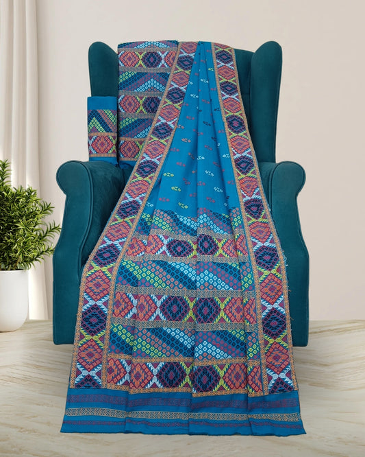 Blue padmini cotton Mising mekhela sador - DMC motifs