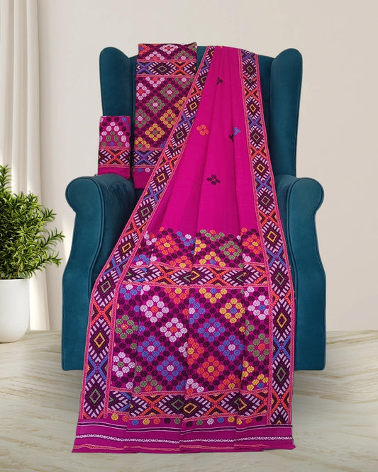 Rani pink padmini cotton Mising mekhela sador - DMC motif work