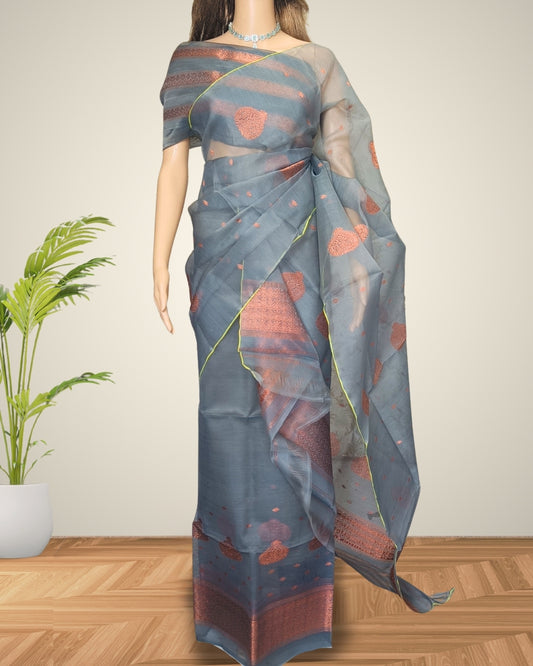 Dyed nuni mekhela sador - Steel grey
