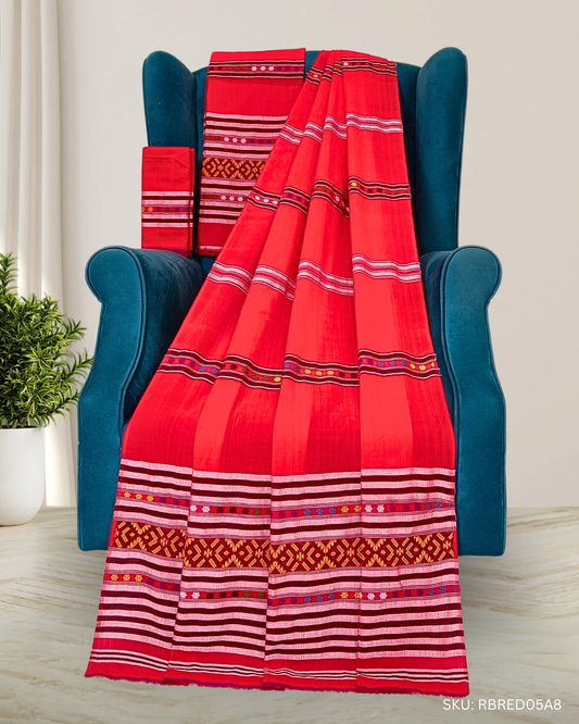Ribi design Mising mekhela chadar - Red