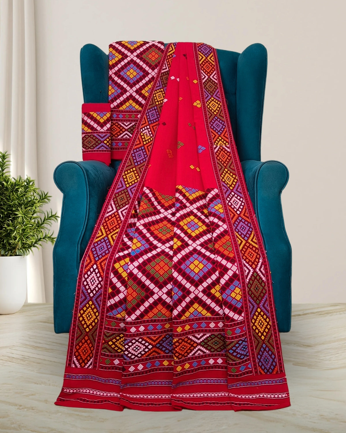 Red padmini cotton Mising mekhela sador - DMC motifs