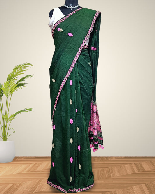 Bottle green pure cotton saree with designer motifs
