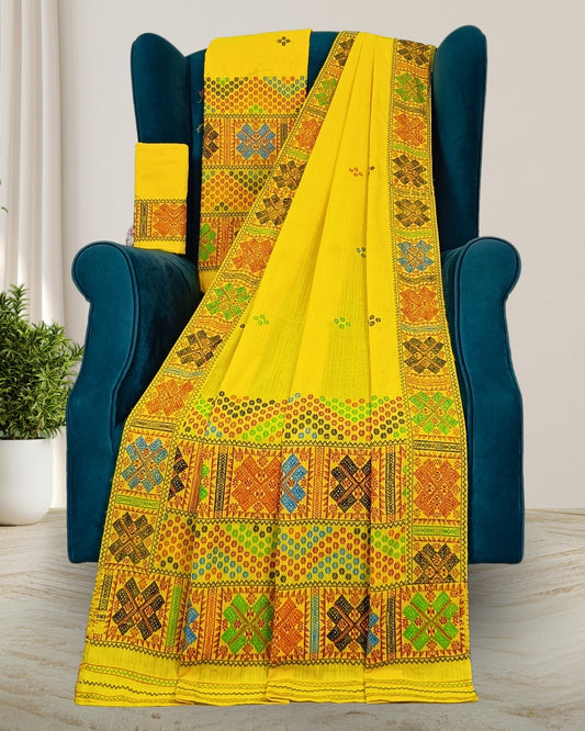 Yellow padmini cotton Mising mekhela chadar - DMC motif work