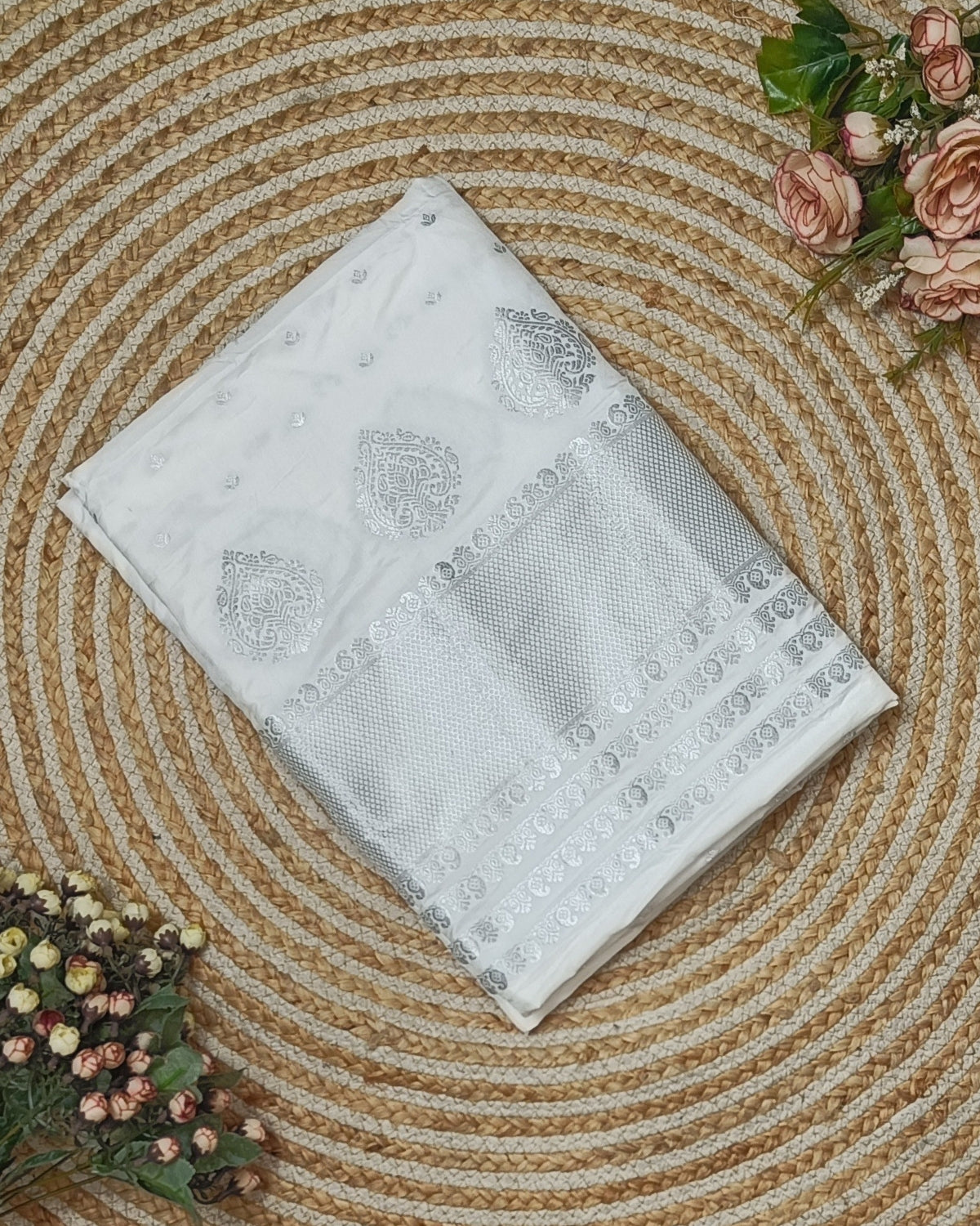 Semi paat mekhela sador with Silver zari work - Pure white