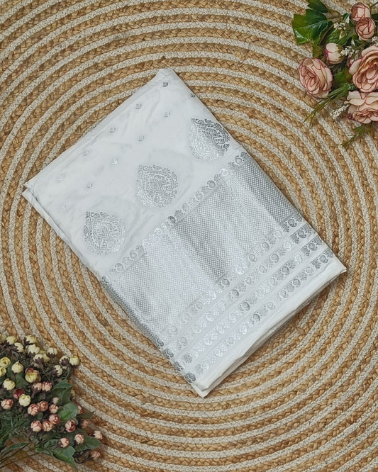 Semi paat mekhela sador with Silver zari work - Pure white