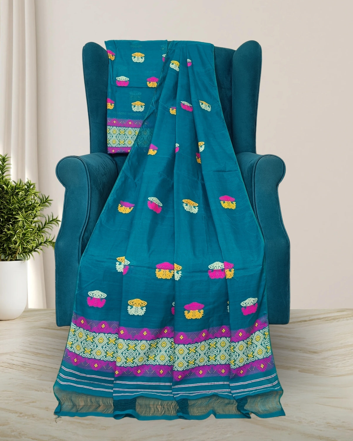 Staple cotton mekhela sador -Sea green