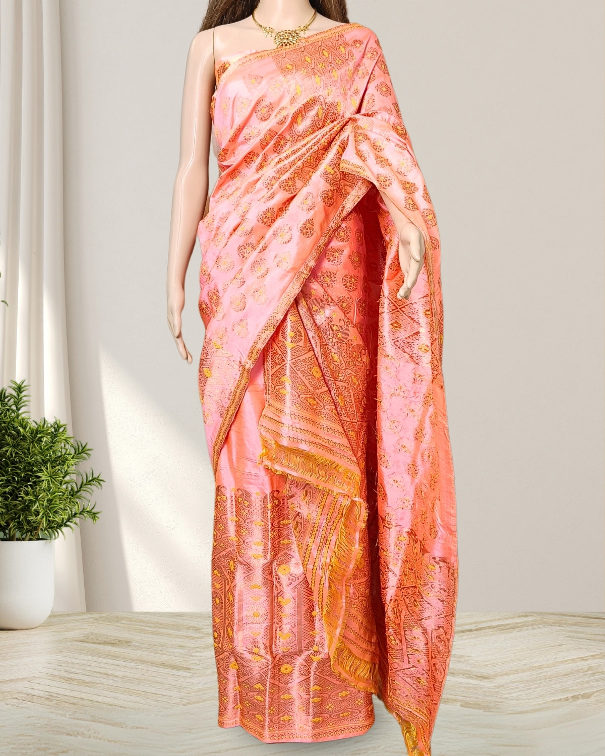 Peach orange pure Mulberry silk mekhela sador