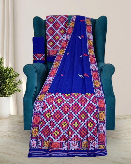 Royal blue padmini coton Mising mekhela sador- DMC motif work