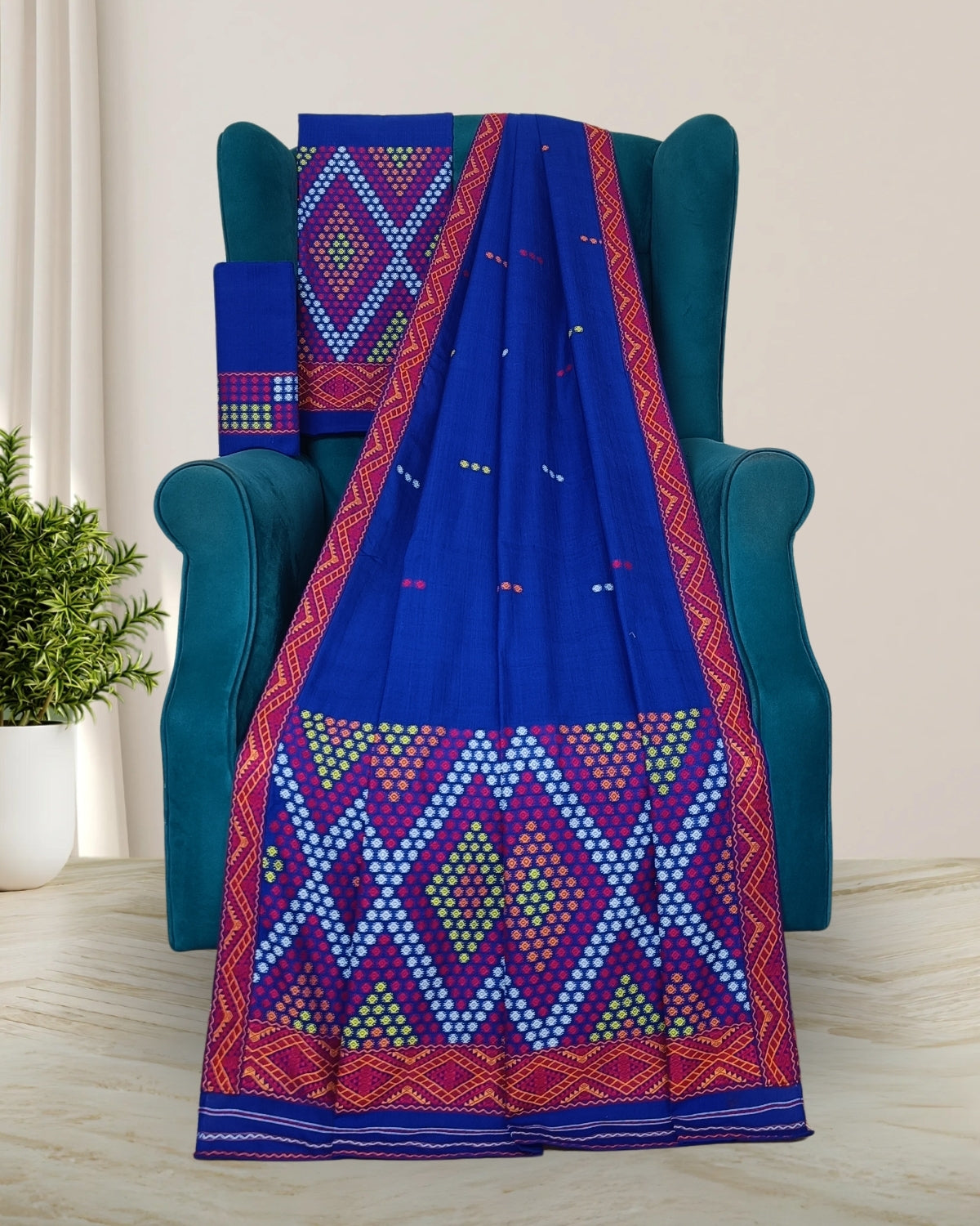 Royal blue padmini cotton Mising mekhela sador - DMC motifs