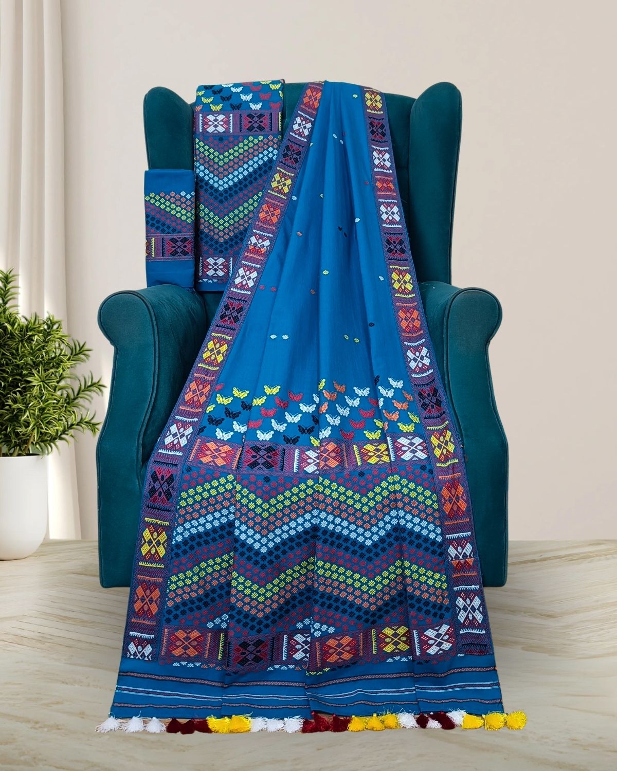 Sky blue padmini cotton Mising mekhela sador - DMC motifs