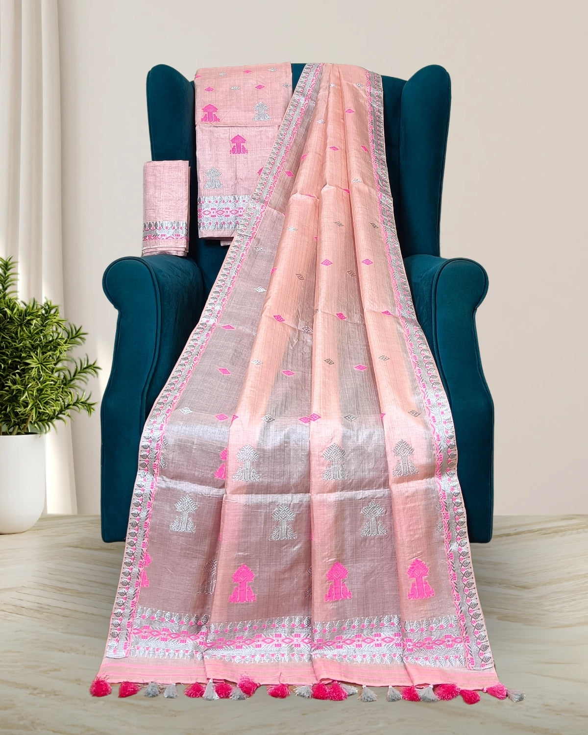 Dyed tussar silk mekhela sador