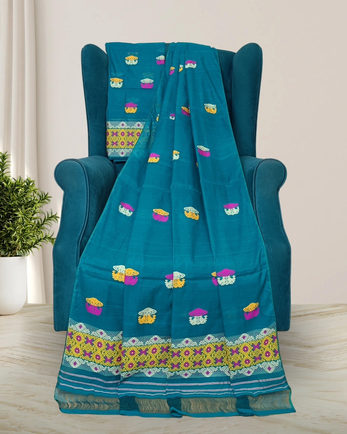 Staple cotton mekhela sador -Sea green