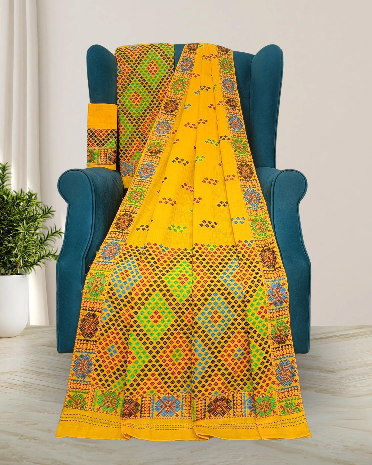 Yellow padmini cotton Mising mekhela sador- DMC motifs
