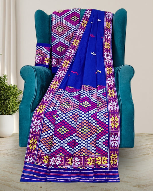 Blue padmini cotton Mising mekhela chadar - DMC motif work