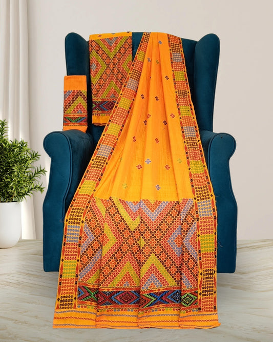 Purple padmini cotton x Assam paat Mising mekhela sador - DMC motif work
