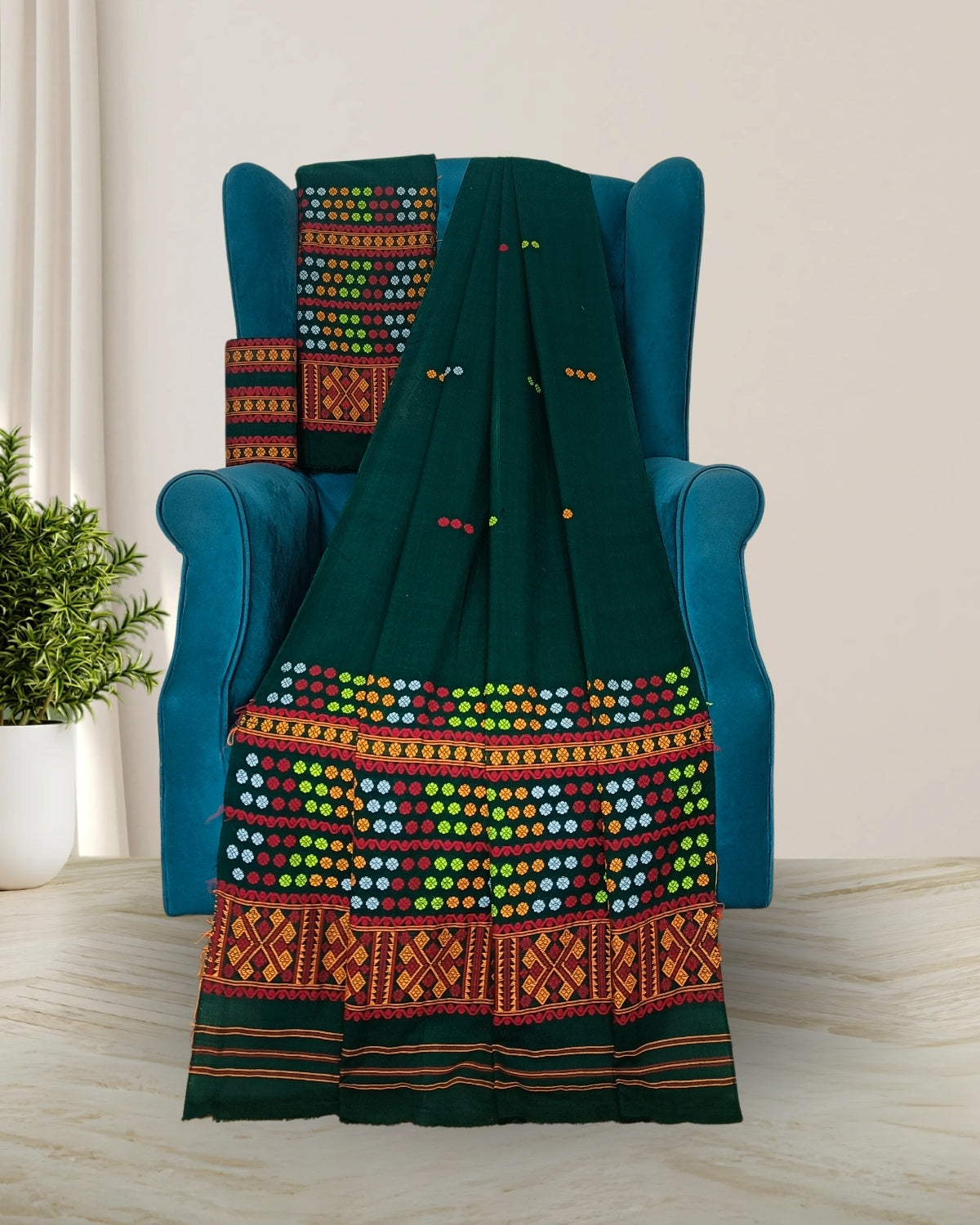 Padmini cotton Mising mekhela sador -Bottle green