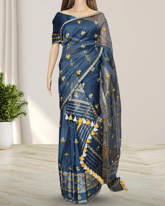 Pure kesapaat cotton mekhela sador - Bottle green