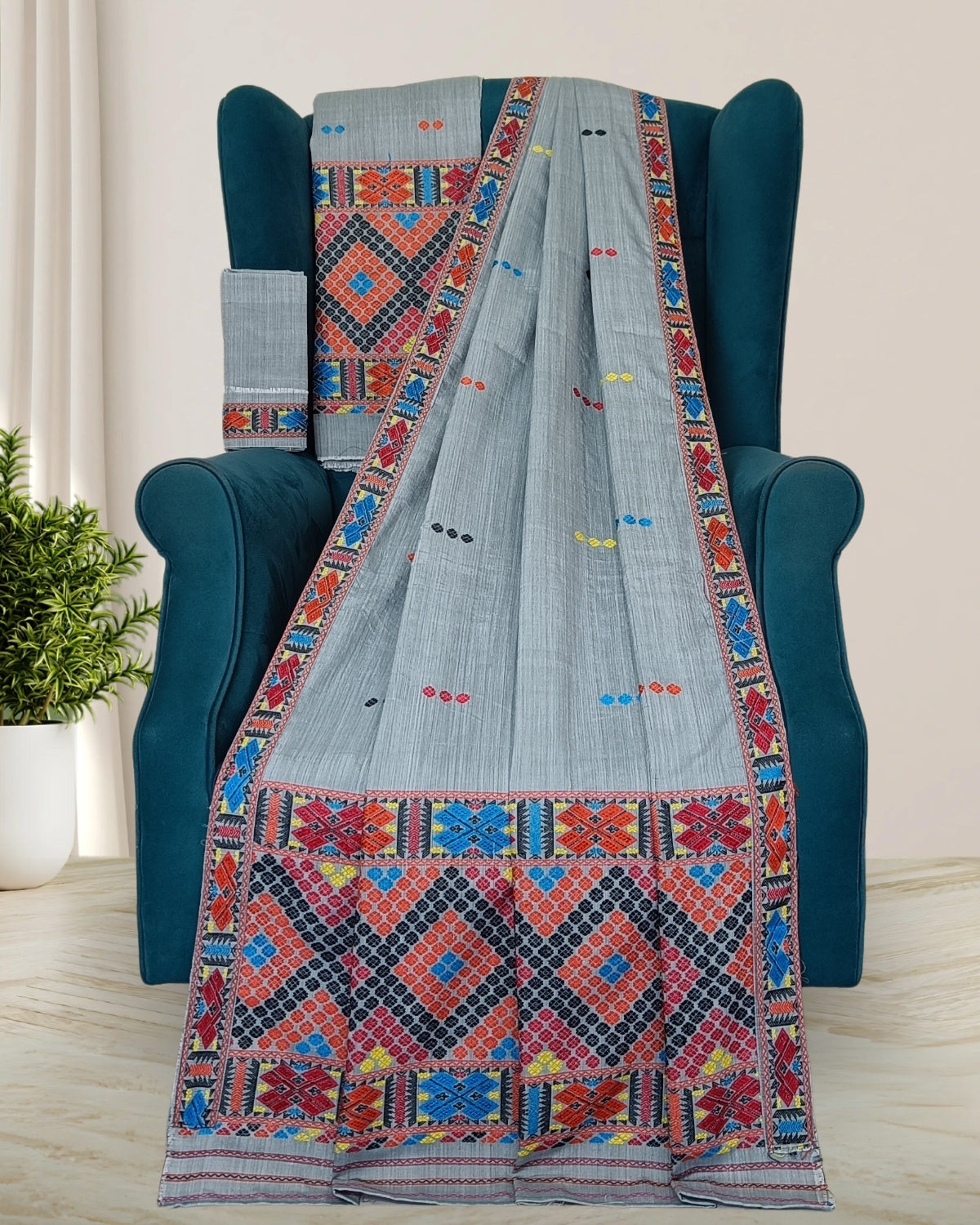 Grey padmini cotton Mising mekhela sador- DMC motifs