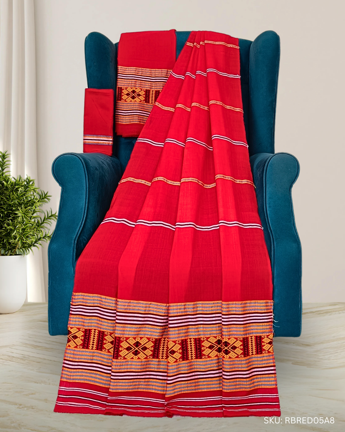 Ribi design Mising mekhela chadar - Red