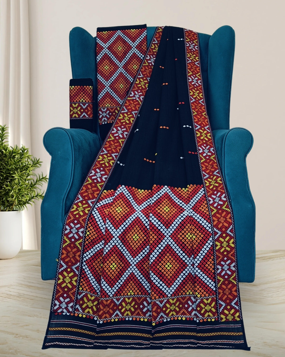 Black padmini cotton Mising mekhela sador - DMC motifs