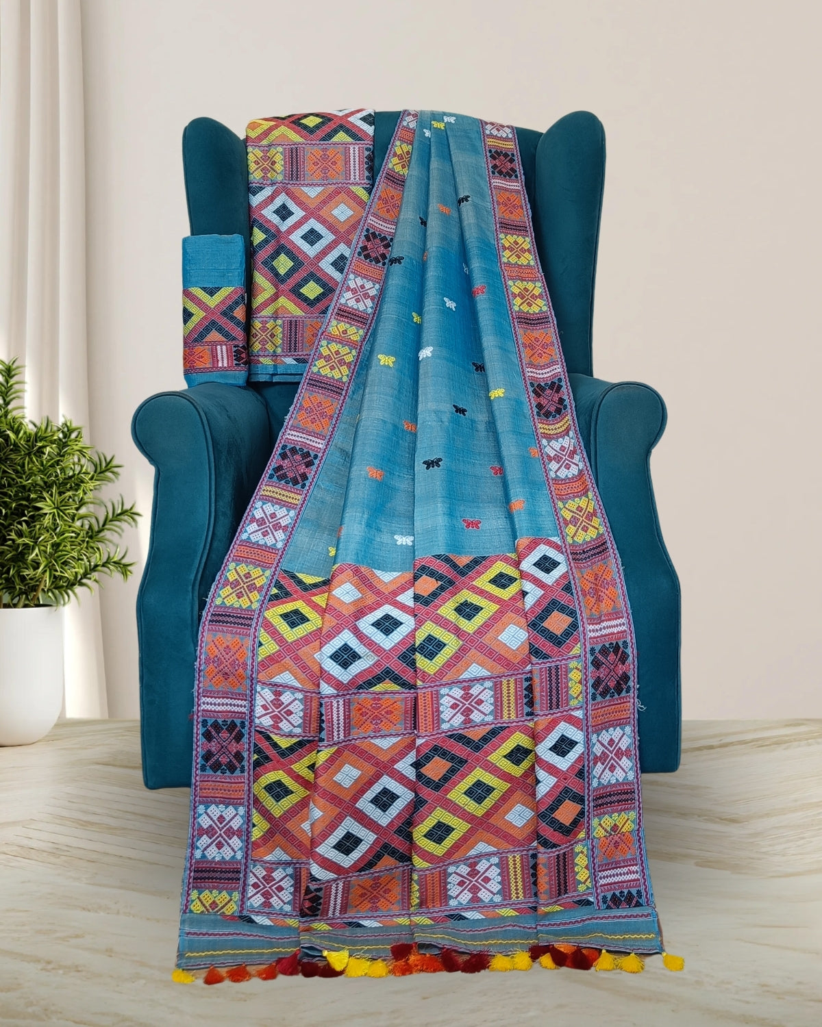 Tussar silk x Padmini cotton mekhela sador- DMC motifs