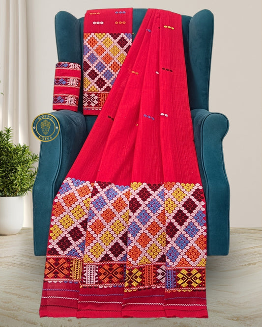 Red padmini cotton mising mekhela chadar