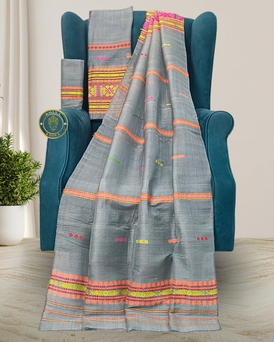 Gero design Semi nuni Mising mekhela chadar - Silver gray