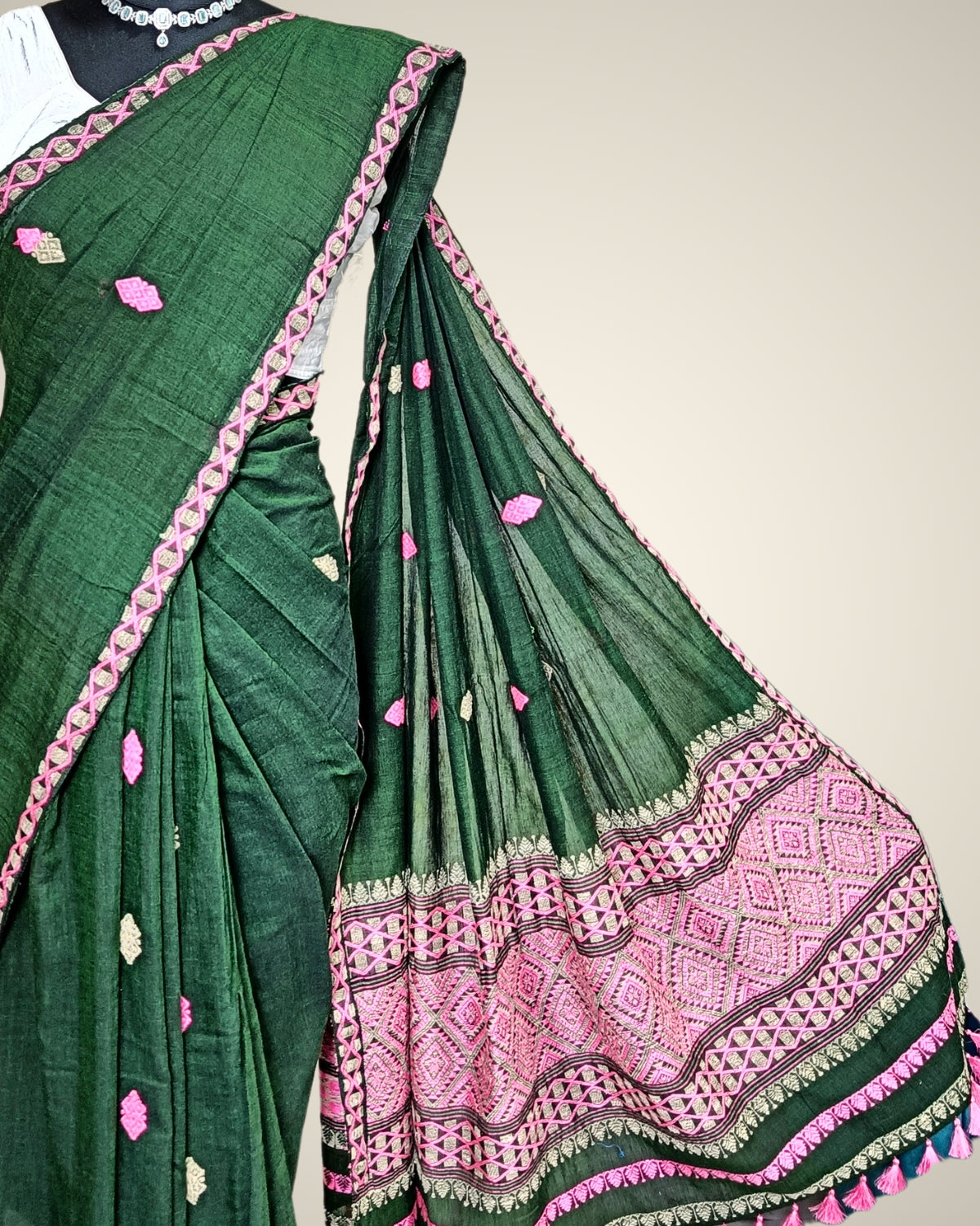 Bottle green pure cotton saree with designer motifs