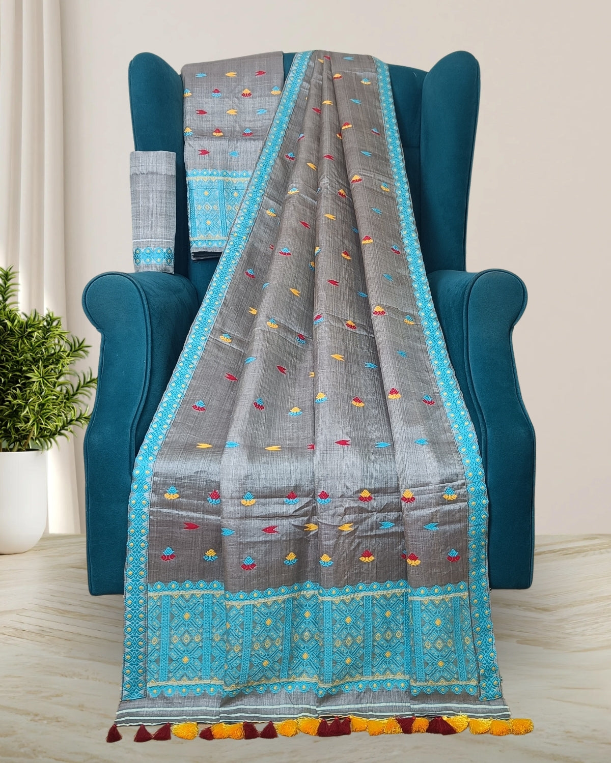 Dyed tussar silk mekhela sador