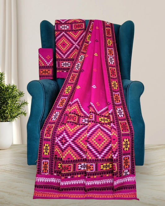Pink padmini cotton x Assam paat Mising mekhela sador - DMC motif work