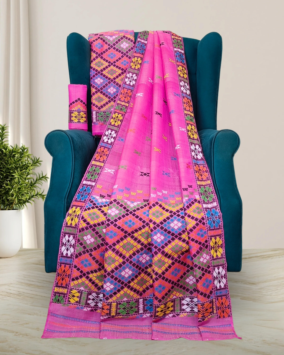 Pink semi nuni Mising mekhela sador - DMC motifs