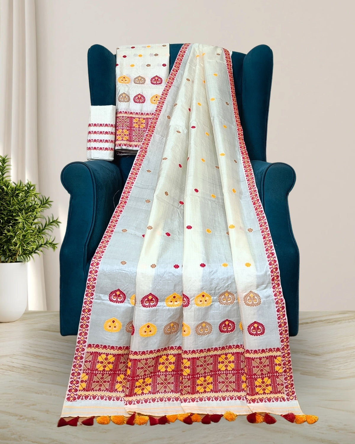 Dyed tussar silk mekhela sador