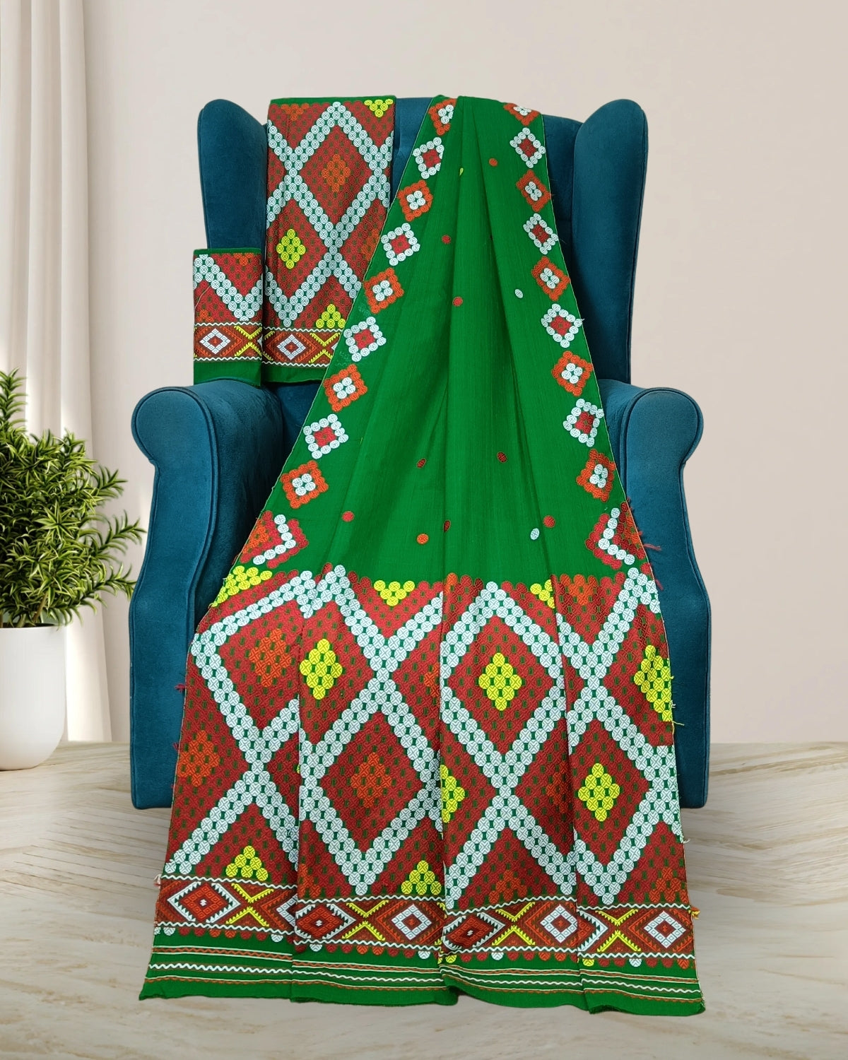 Green padmini cotton Mising mekhela sador- DMC motifs