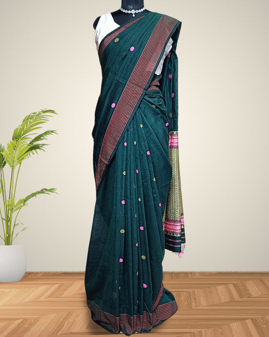 Bottle green pure cotton saree with designer motifs