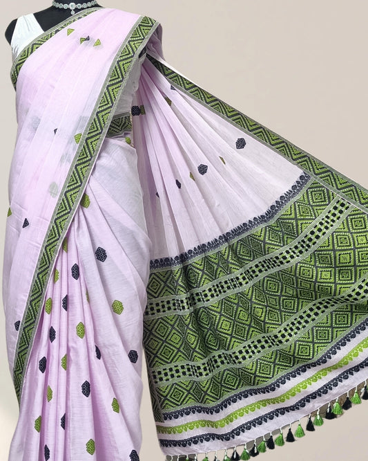 Pink kesapaat cotton saree with Assamese style motifs