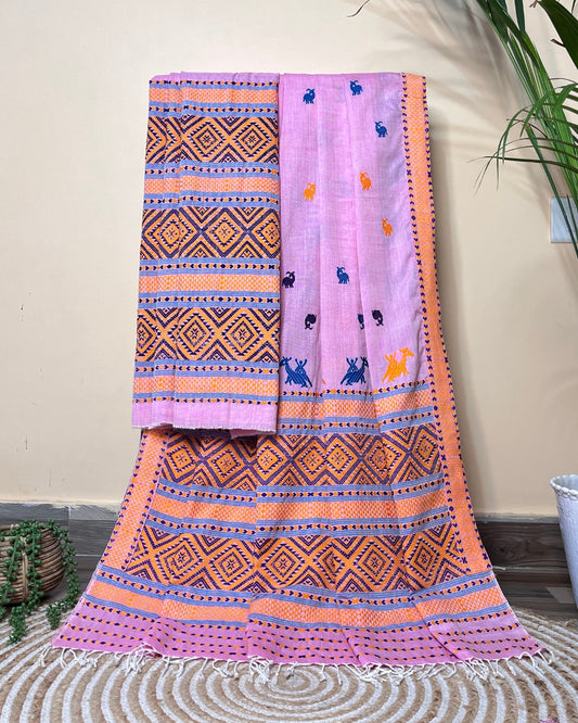 Pink padmini cotton mekhela sador with designer motifs 