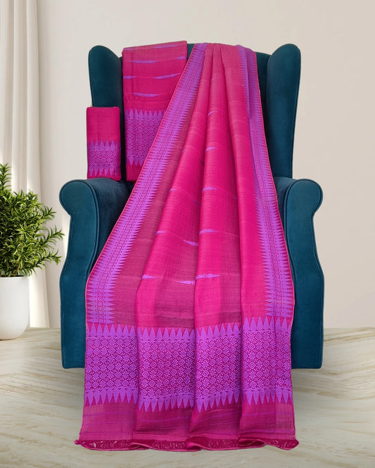 Semi nuni mekhela sador with fix border design -Pink
