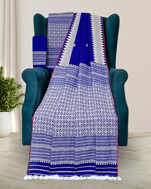 Royal blue padmini cotton mekhela chadar with designer motifs