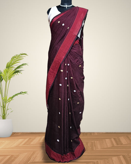 Brown green pure cotton saree with designer motifs