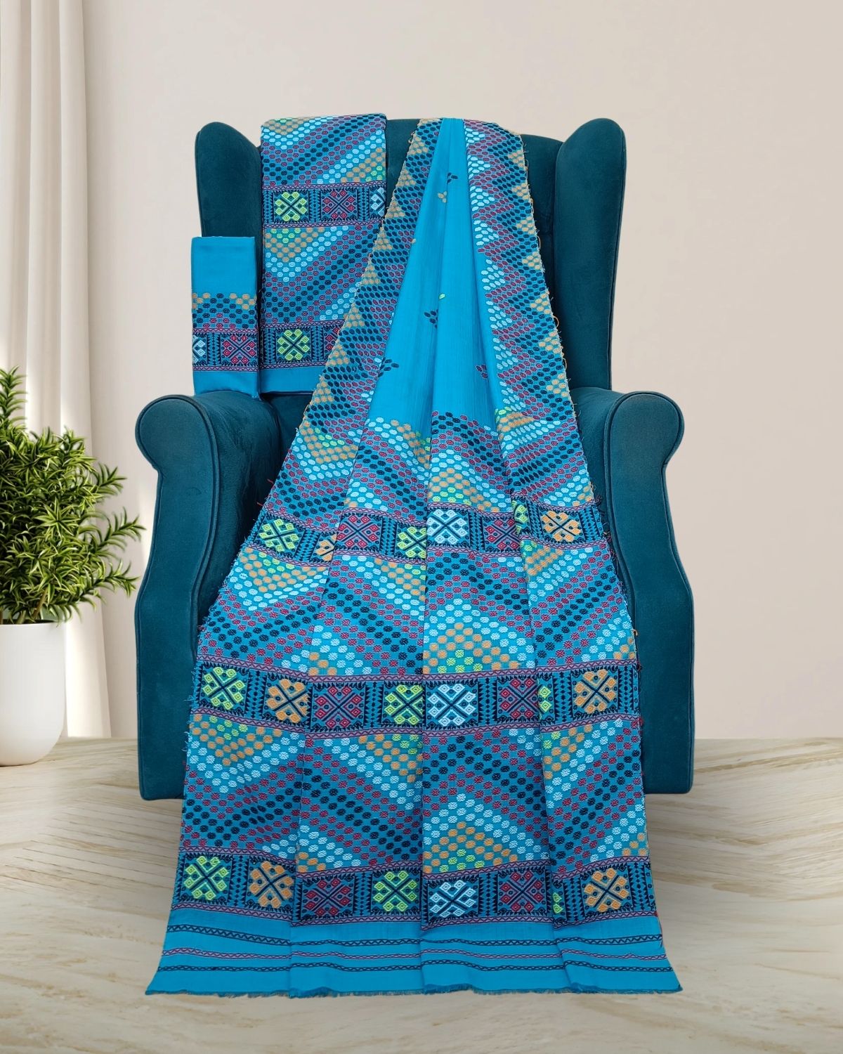 Sky blue padmini cotton Mising mekhela sador