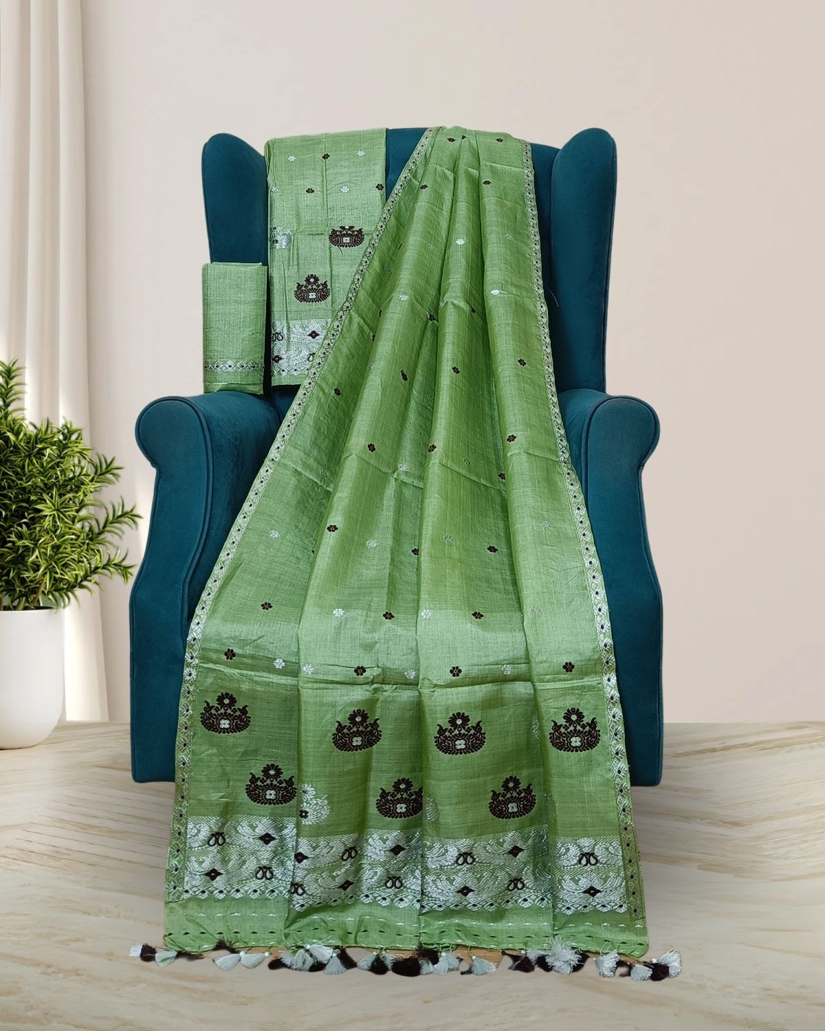 Dyed tussar silk mekhela sador
