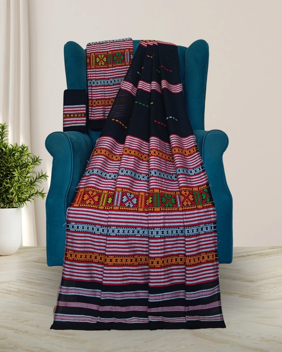 Ribi design Mising mekhela sador -Black