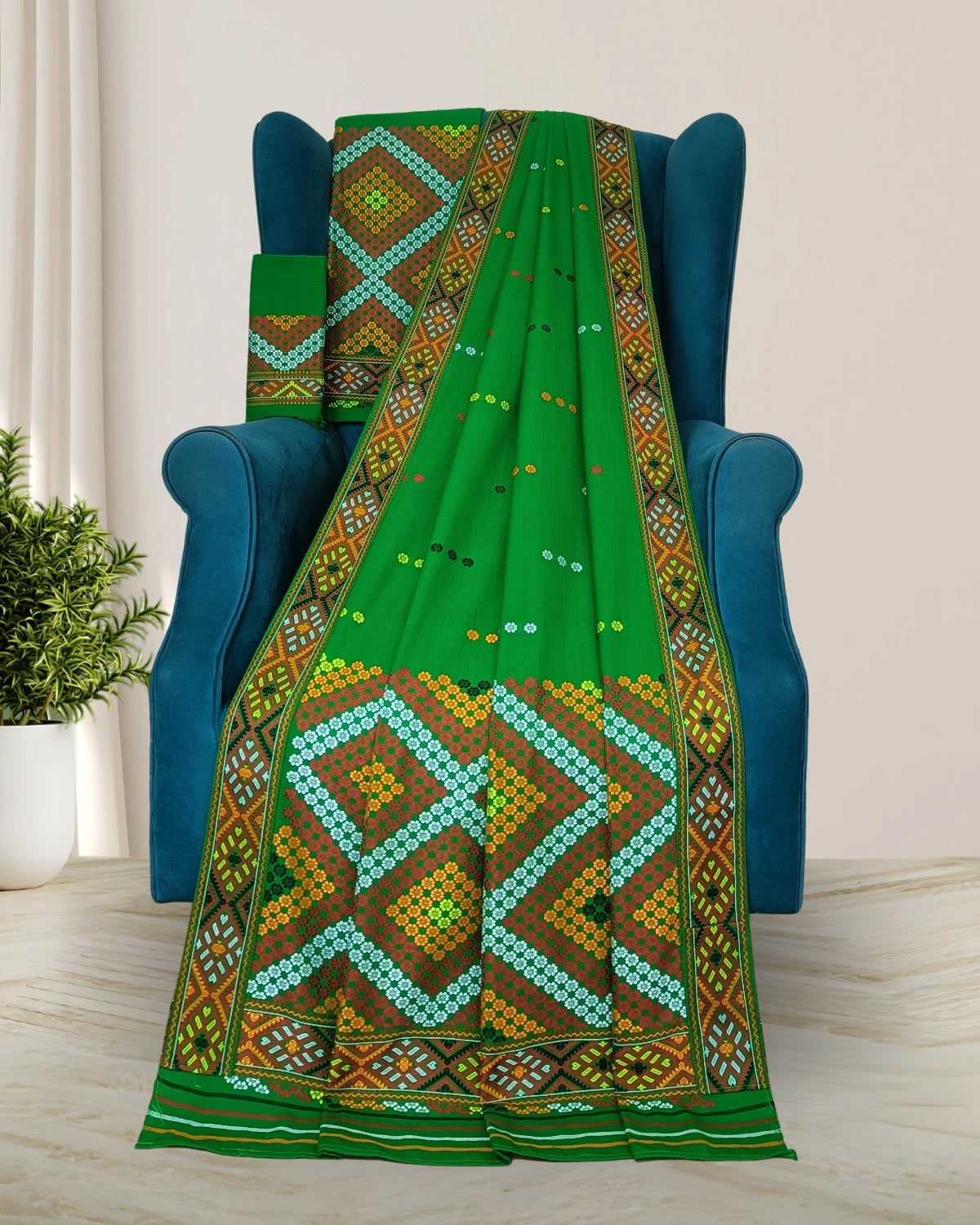 Green padmini cotton Mising mekhela sador- DMC motifs
