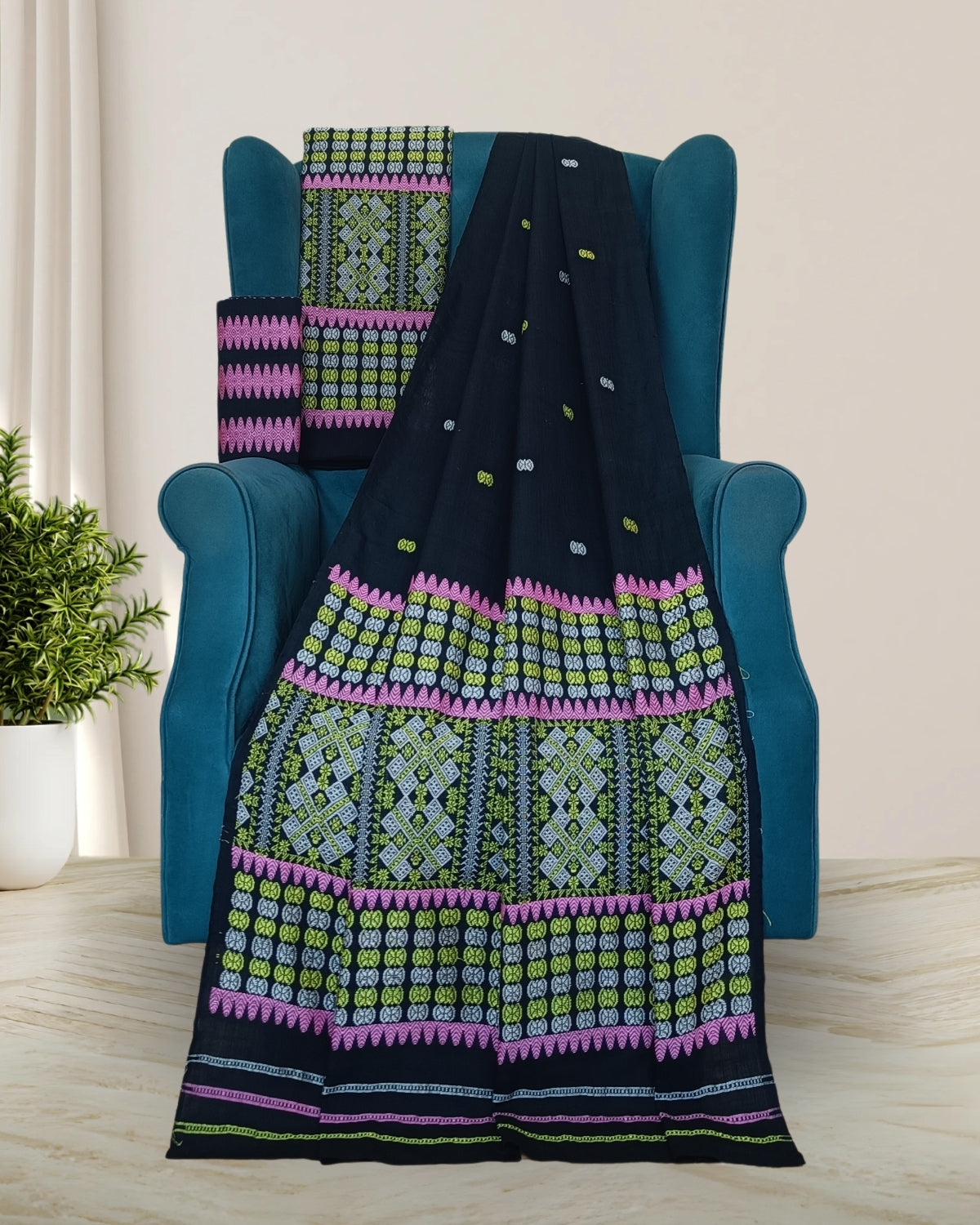 Black padmini cotton mekhela sador with designer motifs