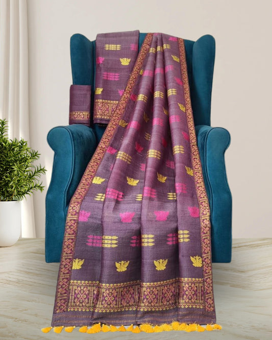 Butterfly design semi nuni mekhela sador-Brown