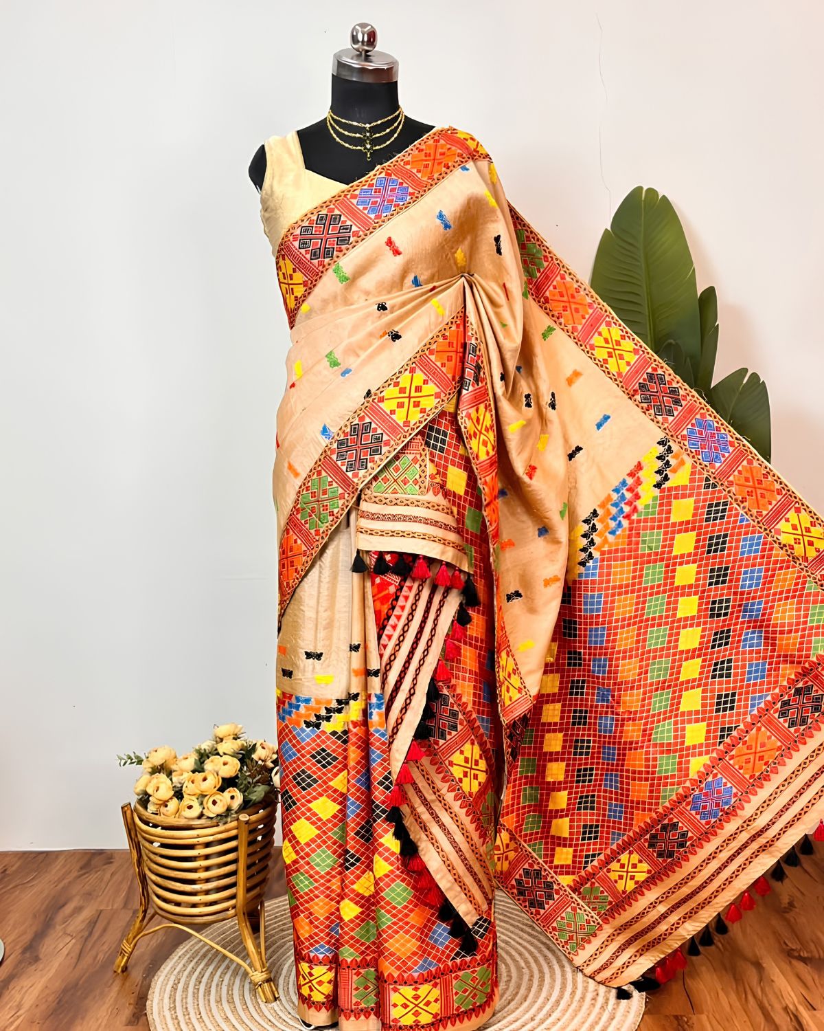 Pure Mising Tussar silk mekhela sador- DMC motifs