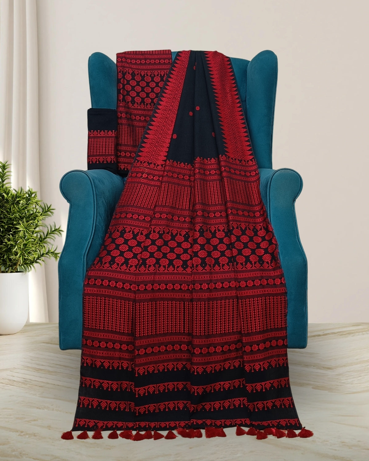 Black padmini cotton mekhela sador with designer motifs