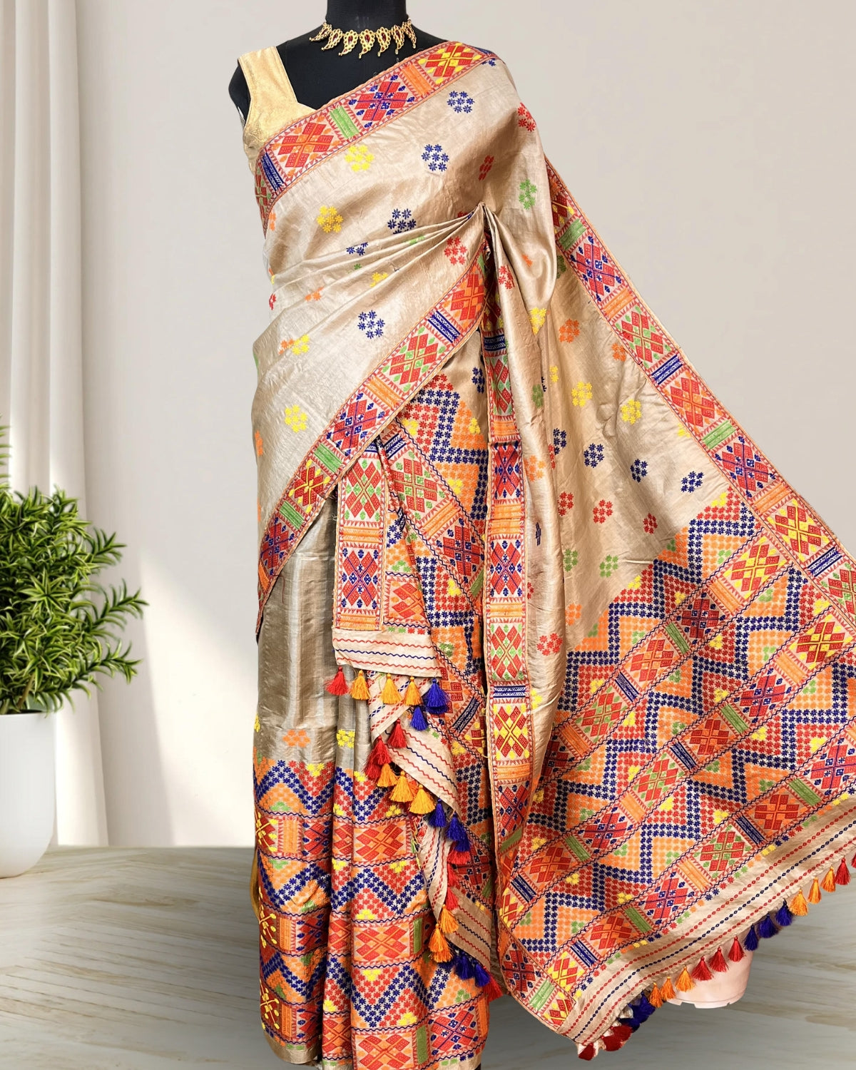 Pure Mising Tussar silk mekhela sador- DMC motifs