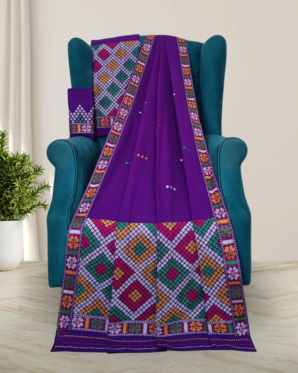 Purple padmini cotton Mising mekhela sador- DMC motifs
